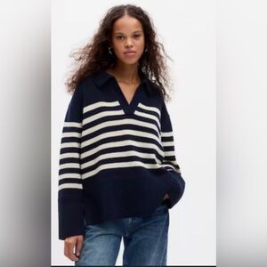 GAP Polo Sweater Womens XS Navy‎ White Stripe Split Hem Nautical Old Money